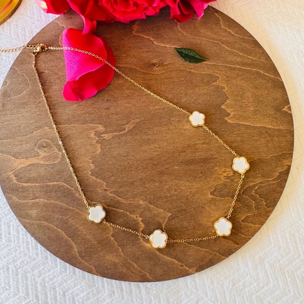 Gold and White Floral Necklace with Dainty Chain set of earrings - Picture 3 of 8